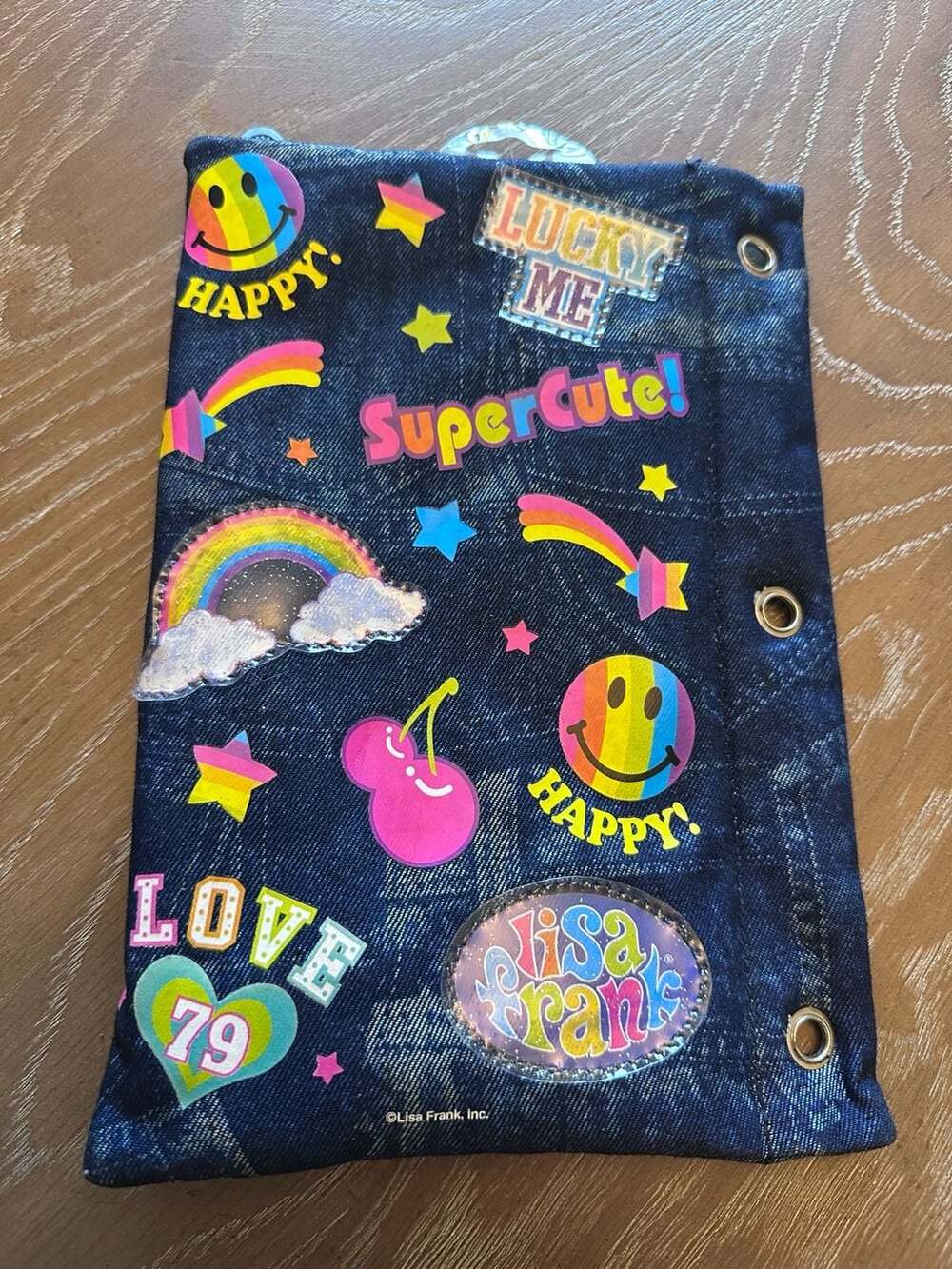 Vintage Lisa Frank Denim 3-Ring Binder Pencil Pouch with Rainbow Patches Y2K